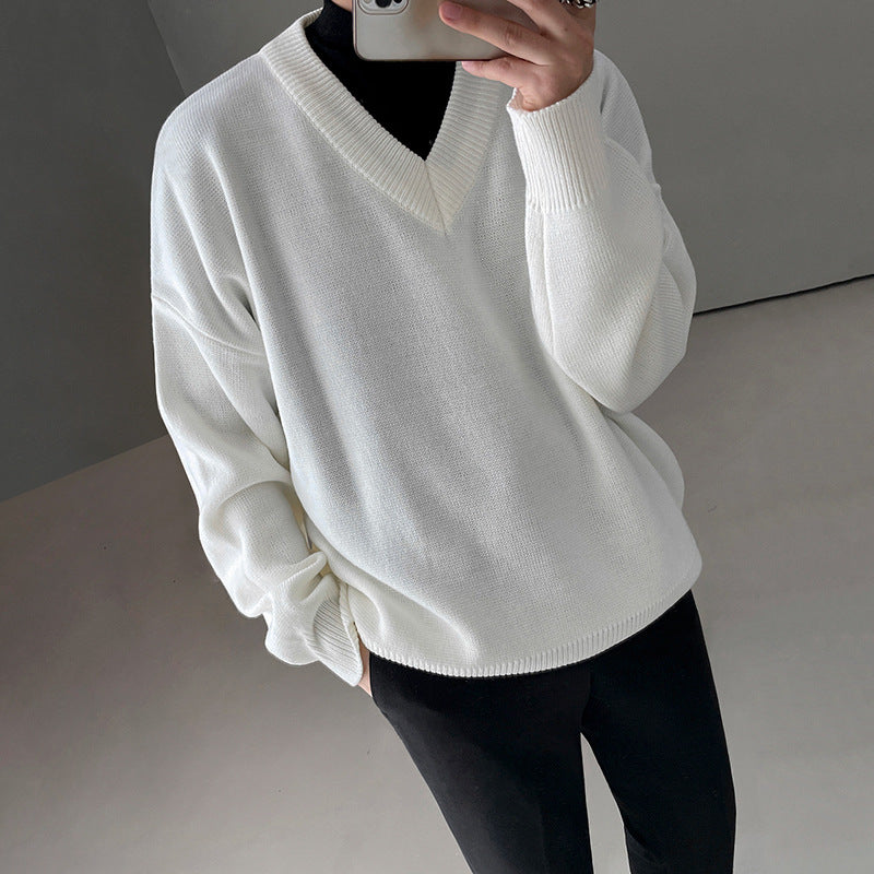 saferido fall outfit men Sweater Men's Autumn and Winter Korean Style Trendy Sweater Jacket Loose Lazy Style White V-neck Pullover Sweater