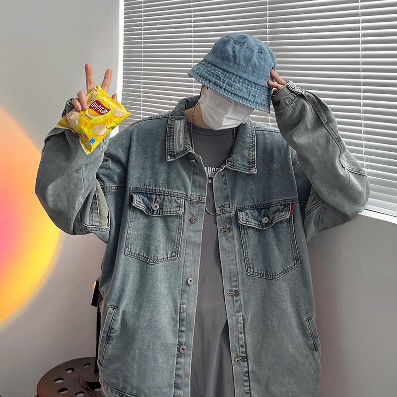 saferido 90s streetwear Denim Coat Men's Autumn Hong Kong Style Youth All-Matching Clothes Ins Korean Style Trendy Loose plus Size Jacket