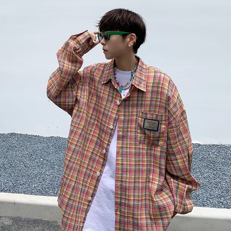 saferido frat outfits Japanese Plaid Shirt Male Couple Student Gentle Long-Sleeved Shirt Niche Shirt Jacket Bottoming Shirt