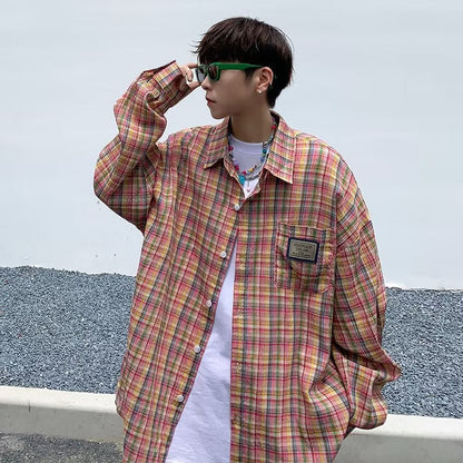 saferido frat outfits Japanese Plaid Shirt Male Couple Student Gentle Long-Sleeved Shirt Niche Shirt Jacket Bottoming Shirt