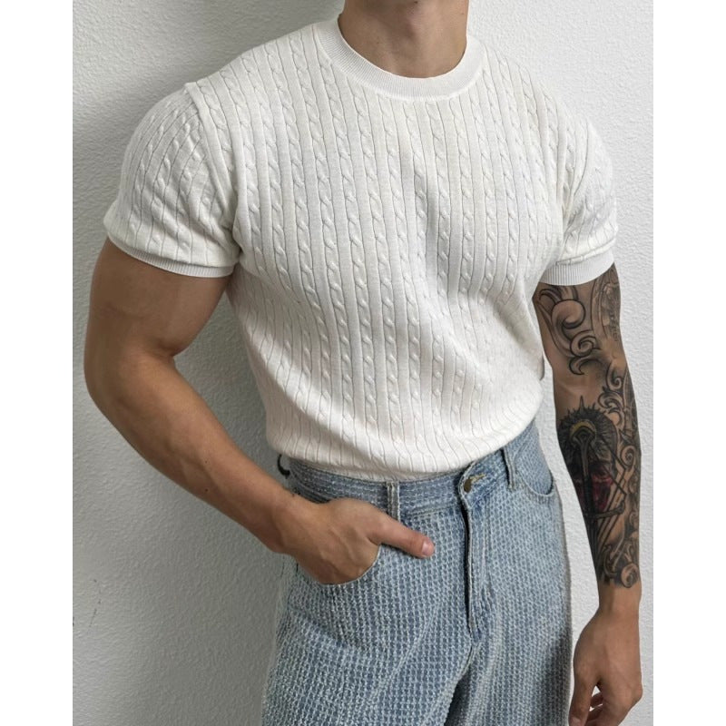 saferido      -shop business casual men Summer Thin Linen Pattern round Neck Sweater Short Sleeve Men's Loose Trendy All-Match Stretch T-shirt Niche