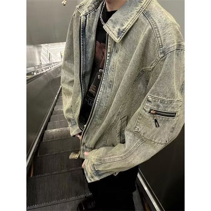 saferido 90s streetwear High Street Retro Washed Distressed Denim Coat Men's Spring and Autumn New Style Fried Street Loose Casual Workwear Jacket Fashion