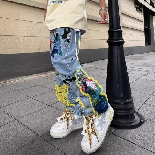 saferido drip outfit men High Street American Contrast Color Patch Bird Plum Embroidery Worn Niche Jeans Men's and Women's Same Loose Trousers