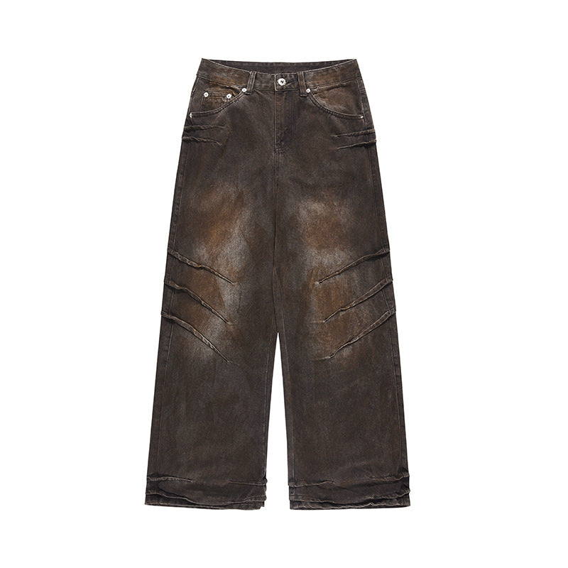 American high street design, old and dirty wasteland style jeans for men, new loose niche straight pants for spring