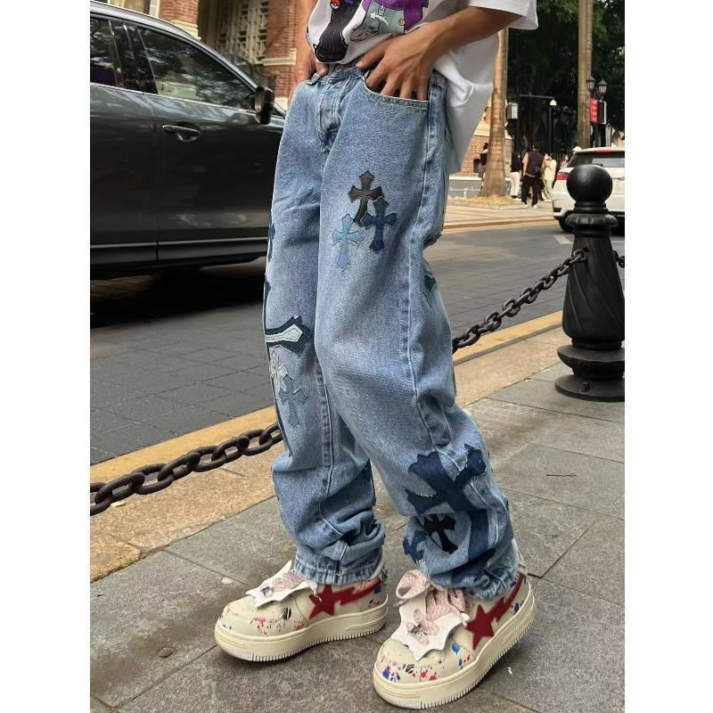 saferido 90s streetwear American High Street Original Patch Cross Embroidered Jeans Men's and Women's National Fashion All-Match Slim Slimming Long Pants Fashion