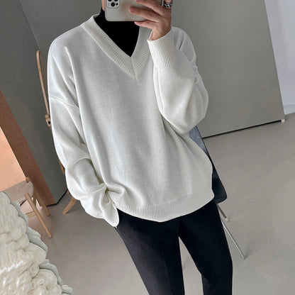 saferido fall outfit men Sweater Men's Autumn and Winter Korean Style Trendy Sweater Jacket Loose Lazy Style White V-neck Pullover Sweater