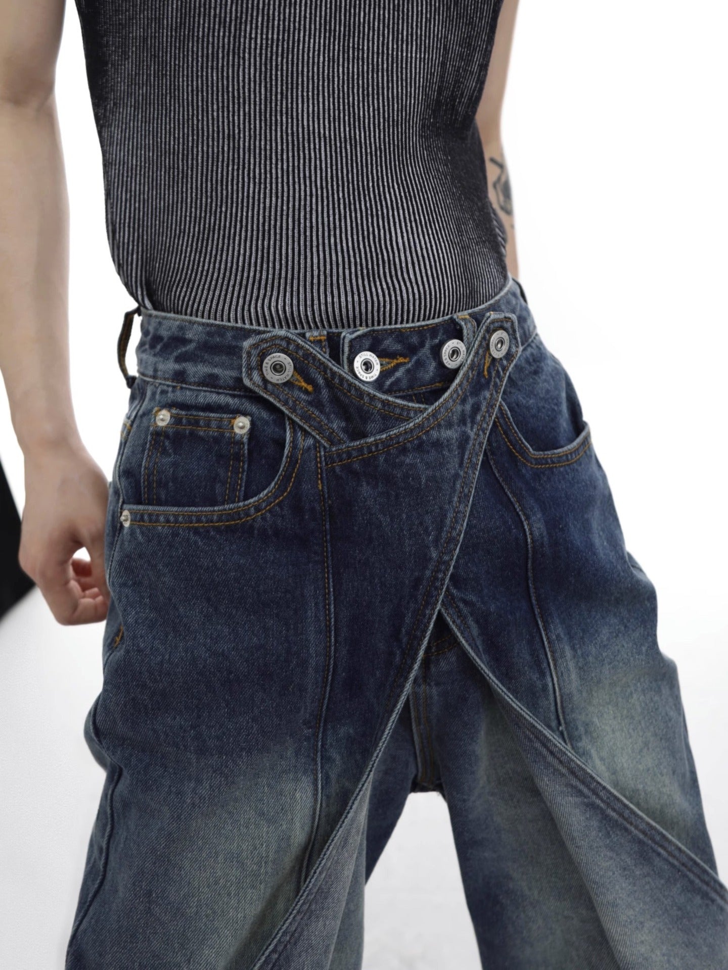 Design niche old washed jeans spring and autumn new high waist loose variable bell-bottom wide leg pants