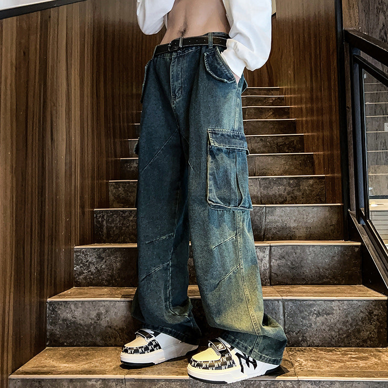 saferido 90s fashion men Autumn and Winter New American-Style Multi-Pocket Workwear Jeans Men's Ins Wide-Leg Pants Cargo Jeans Men