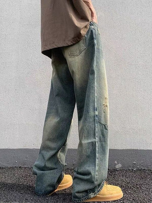 Washed distressed jeans for men American retro spring and autumn loose wide-leg straight-leg floor-length trousers street-style cool pants