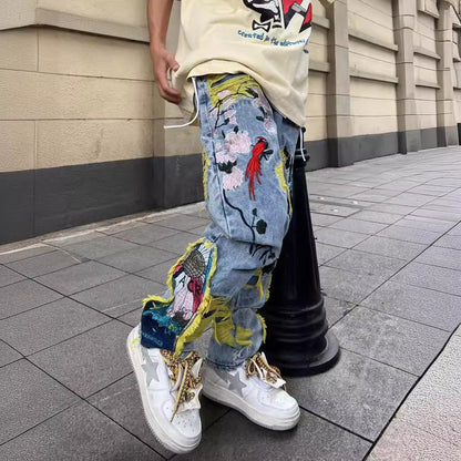 saferido drip outfit men High Street American Contrast Color Patch Bird Plum Embroidery Worn Niche Jeans Men's and Women's Same Loose Trousers