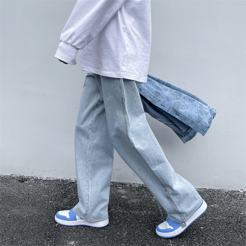 saferido fall outfits men Spring and Summer Trendy Men's Jeans Loose Straight Casual Draping Wide-Leg Hong Kong Style Cropped Sports Long Pants