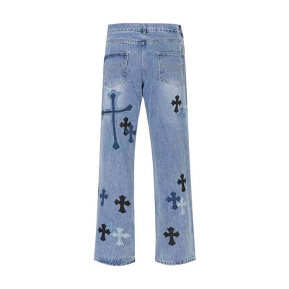 saferido 90s streetwear American High Street Original Patch Cross Embroidered Jeans Men's and Women's National Fashion All-Match Slim Slimming Long Pants Fashion