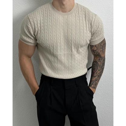 saferido      -shop business casual men Summer Thin Linen Pattern round Neck Sweater Short Sleeve Men's Loose Trendy All-Match Stretch T-shirt Niche