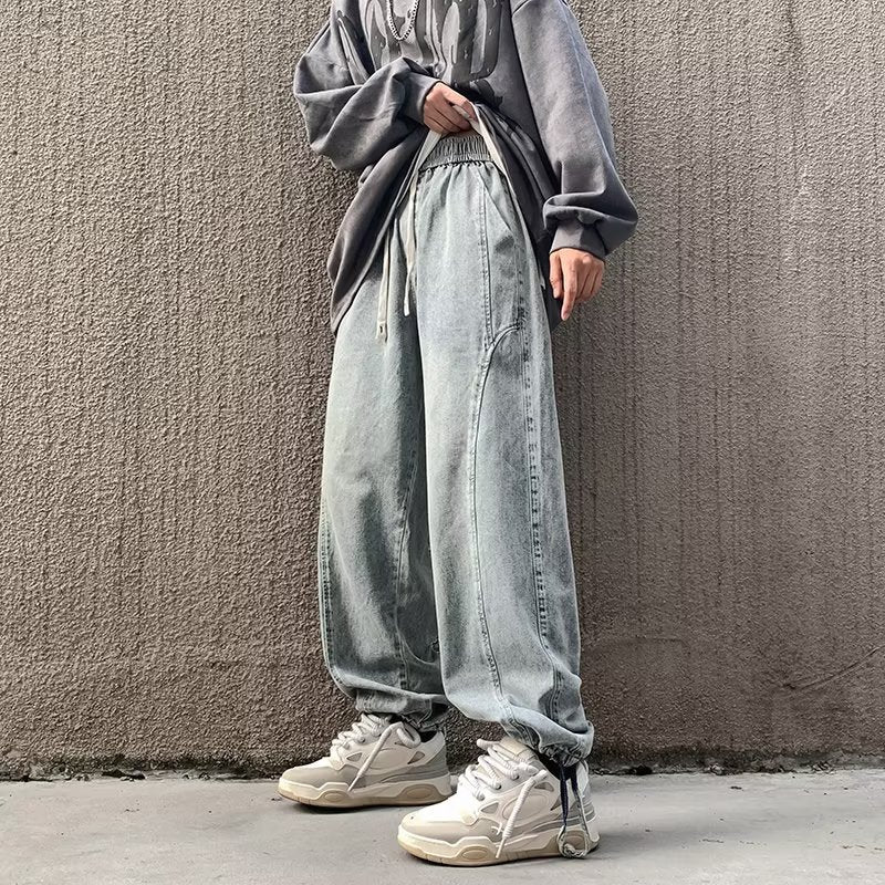 saferido 90s streetwear Straight Jeans Men's Spring and Autumn Japanese Men's Washed Blue Loose Wide-Leg Casual Ankle-Tied Pants Men's