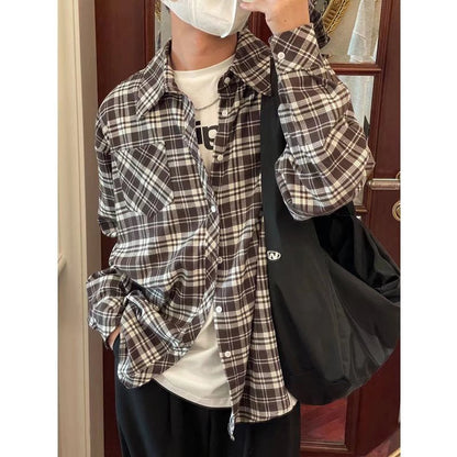 saferido 90s streetwear Spring and Autumn Japanese Style Black and White Plaid Long-Sleeved Shirt Men's Niche Retro Hong Kong Style Loose Shirt All-Matching Coat