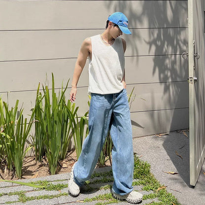 saferido fall mens outfits Light Blue Jeans Men's Simple American Retro Loose Wide-Leg Straight Mop Pants High Street Pants