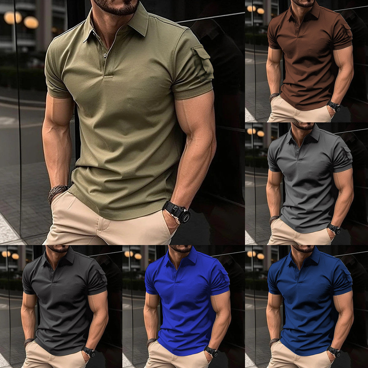 European and American summer men's lapel button POLO shirt arm pocket sports polo shirt