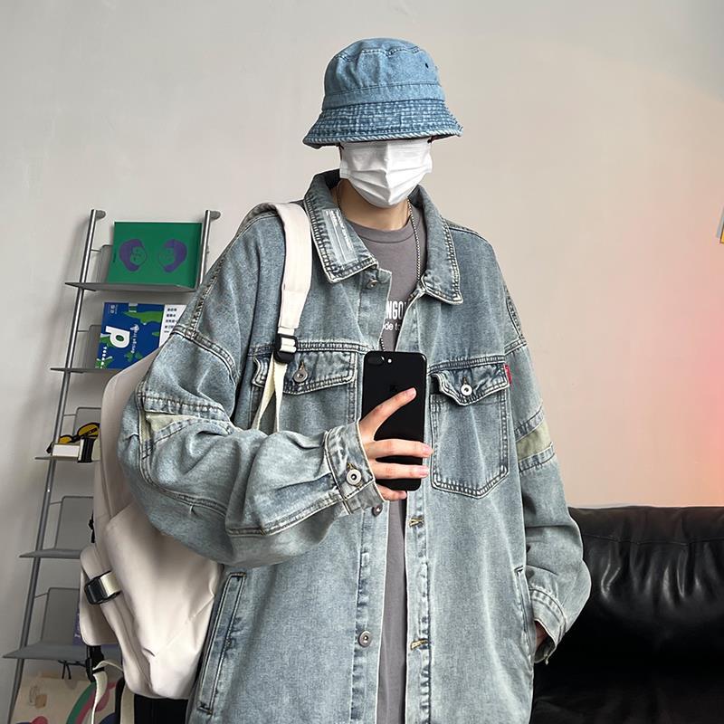 saferido 90s streetwear Denim Coat Men's Autumn Hong Kong Style Youth All-Matching Clothes Ins Korean Style Trendy Loose plus Size Jacket