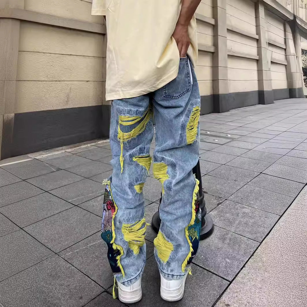 saferido drip outfit men High Street American Contrast Color Patch Bird Plum Embroidery Worn Niche Jeans Men's and Women's Same Loose Trousers