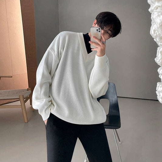 saferido fall outfit men Sweater Men's Autumn and Winter Korean Style Trendy Sweater Jacket Loose Lazy Style White V-neck Pullover Sweater