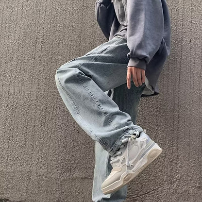 saferido 90s streetwear Straight Jeans Men's Spring and Autumn Japanese Men's Washed Blue Loose Wide-Leg Casual Ankle-Tied Pants Men's