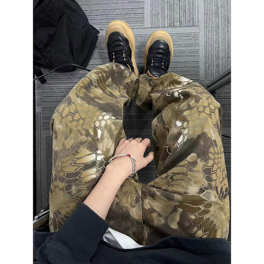 Spring and Autumn New Retro Canvas Snake Pattern Camouflage Heavy Washed Handsome Loose Casual Pants Scimitar Pants Men