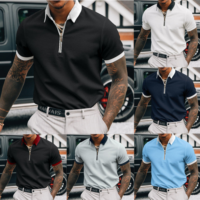 European and American spring and summer new solid color POLO zipper men's polo shirt T-shirt