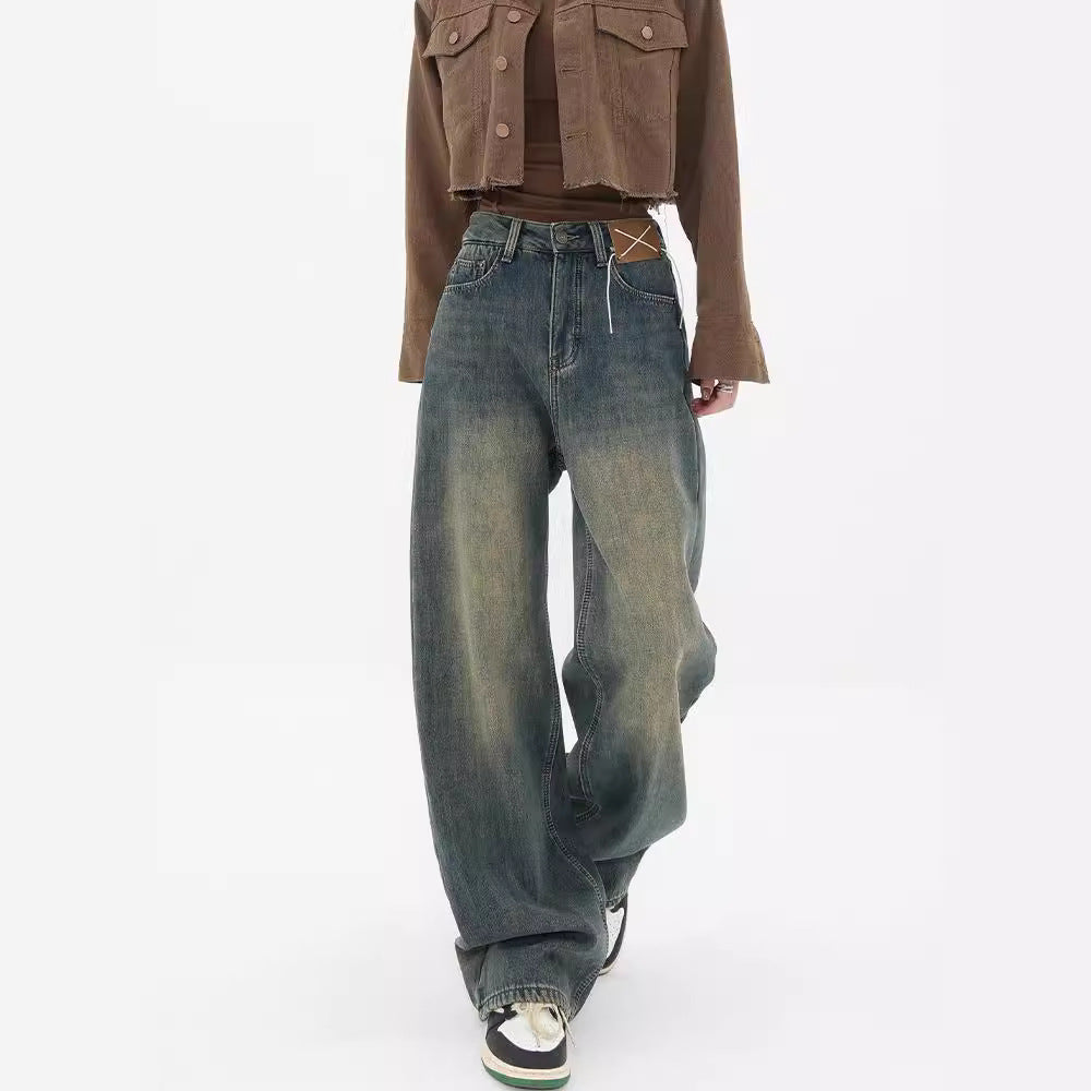 saferido      -shop 90s streetwear Summer New Retro Washed Distressed Straight Jeans Women's High Waist Loose All-Match Wide-Leg Mopping Pants