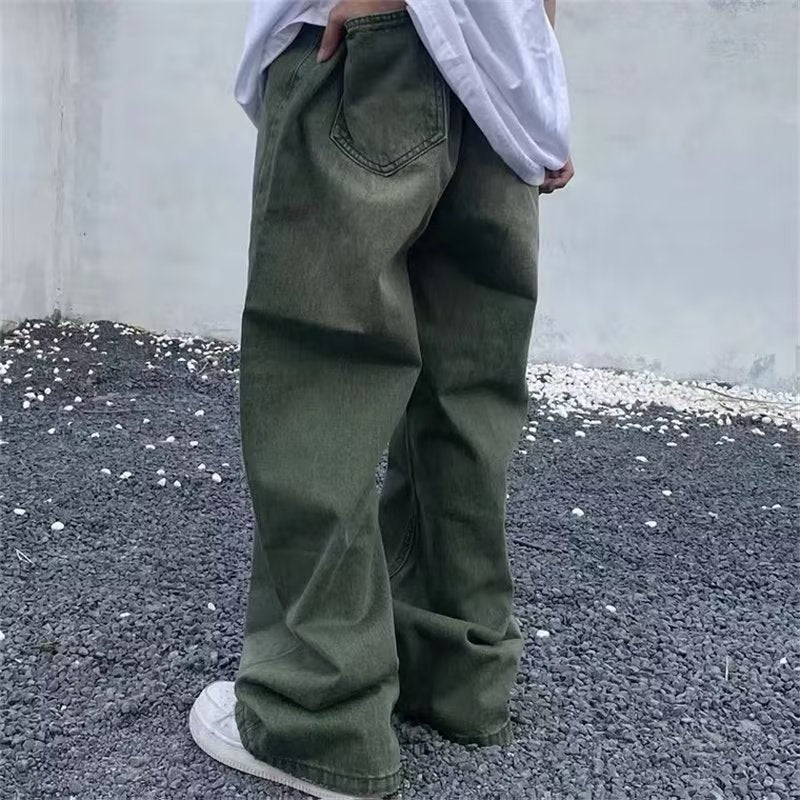 saferido streetwear men outfits High Street Washed Distressed Green Jeans Men's Spring and Autumn Street Hip Hop Loose Wide-Leg Pants Fashion