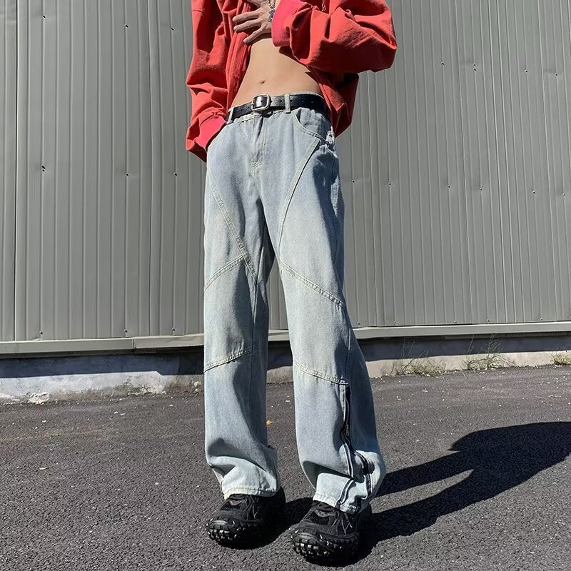 saferido 90s streetwear American Retro Zipper Jeans Men's Autumn and Winter 2024 New Washed Straight Flared Pants High Street Vibe