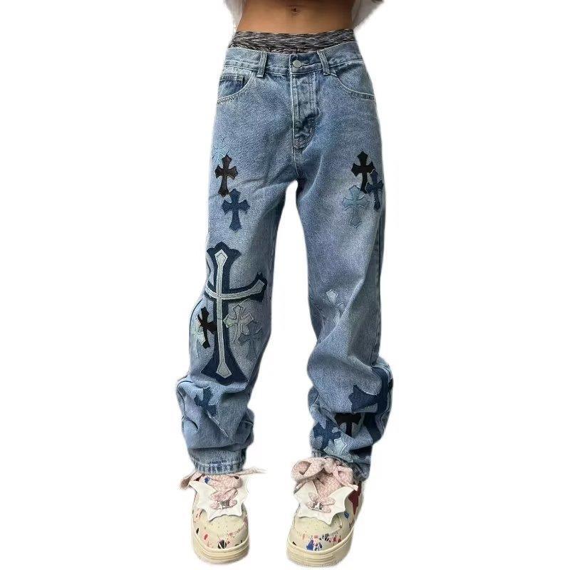 saferido 90s streetwear American High Street Original Patch Cross Embroidered Jeans Men's and Women's National Fashion All-Match Slim Slimming Long Pants Fashion