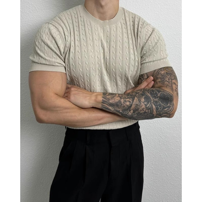 saferido      -shop business casual men Summer Thin Linen Pattern round Neck Sweater Short Sleeve Men's Loose Trendy All-Match Stretch T-shirt Niche