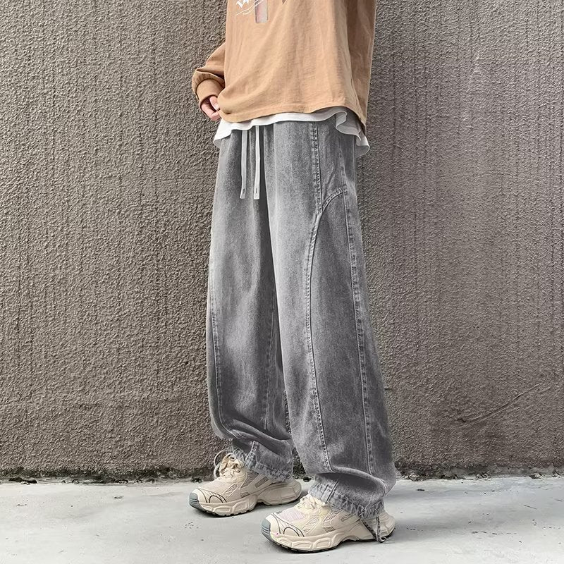 saferido 90s streetwear Straight Jeans Men's Spring and Autumn Japanese Men's Washed Blue Loose Wide-Leg Casual Ankle-Tied Pants Men's