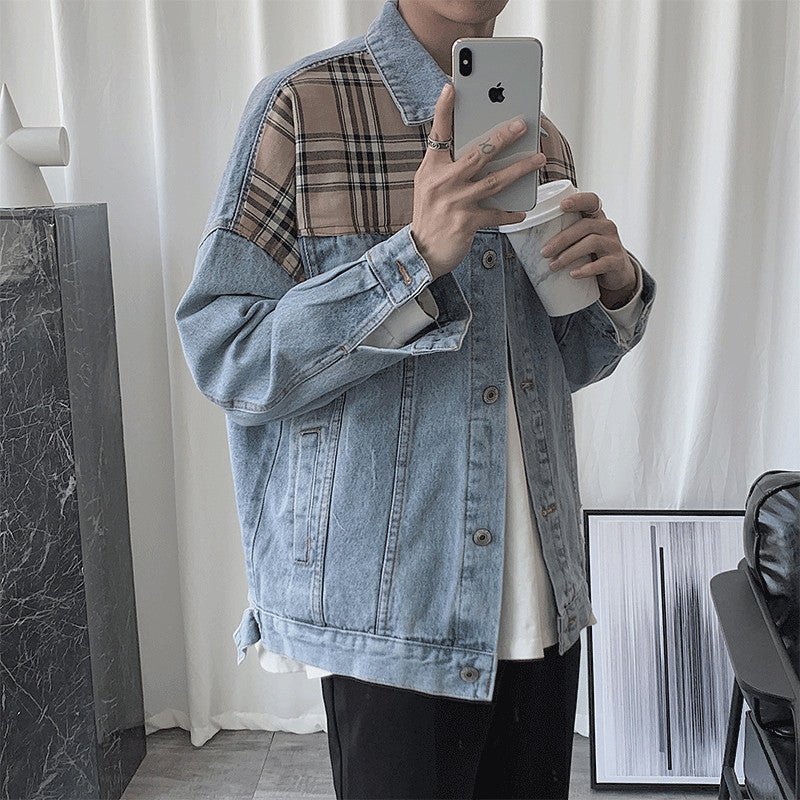 saferido mens outfits Denim Jacket Men's Ins Spring and Autumn Hong Kong Style Korean Style Plaid Stitching Loose Casual Jacket Student Top