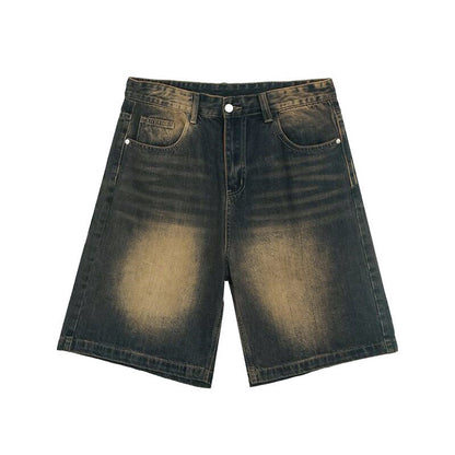 Small old washed high-end denim shorts men's summer new loose slim straight shorts retro pants