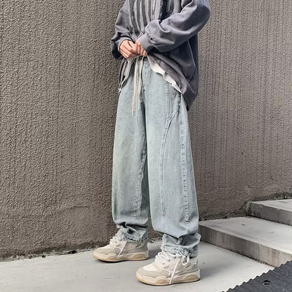 saferido 90s streetwear Straight Jeans Men's Spring and Autumn Japanese Men's Washed Blue Loose Wide-Leg Casual Ankle-Tied Pants Men's