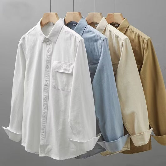 American heavyweight work shirt long sleeve men's spring and autumn pocket high-grade white shirt jacket free ironing anti-wrinkle tide