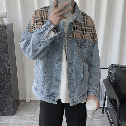 saferido mens outfits Denim Jacket Men's Ins Spring and Autumn Hong Kong Style Korean Style Plaid Stitching Loose Casual Jacket Student Top