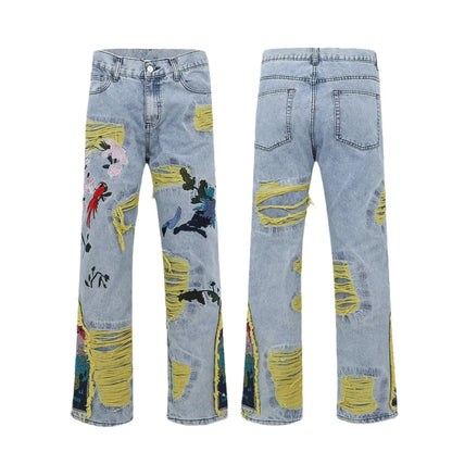 saferido drip outfit men High Street American Contrast Color Patch Bird Plum Embroidery Worn Niche Jeans Men's and Women's Same Loose Trousers