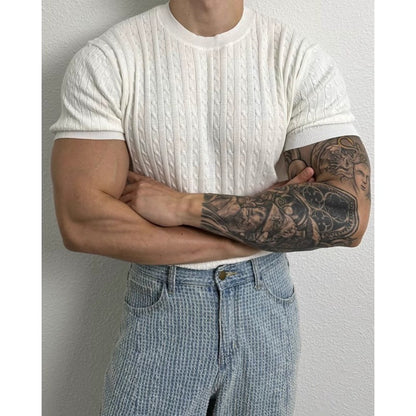 saferido      -shop business casual men Summer Thin Linen Pattern round Neck Sweater Short Sleeve Men's Loose Trendy All-Match Stretch T-shirt Niche