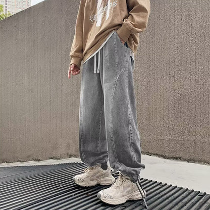 saferido 90s streetwear Straight Jeans Men's Spring and Autumn Japanese Men's Washed Blue Loose Wide-Leg Casual Ankle-Tied Pants Men's