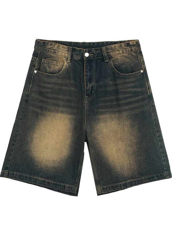 Small old washed high-end denim shorts men's summer new loose slim straight shorts retro pants