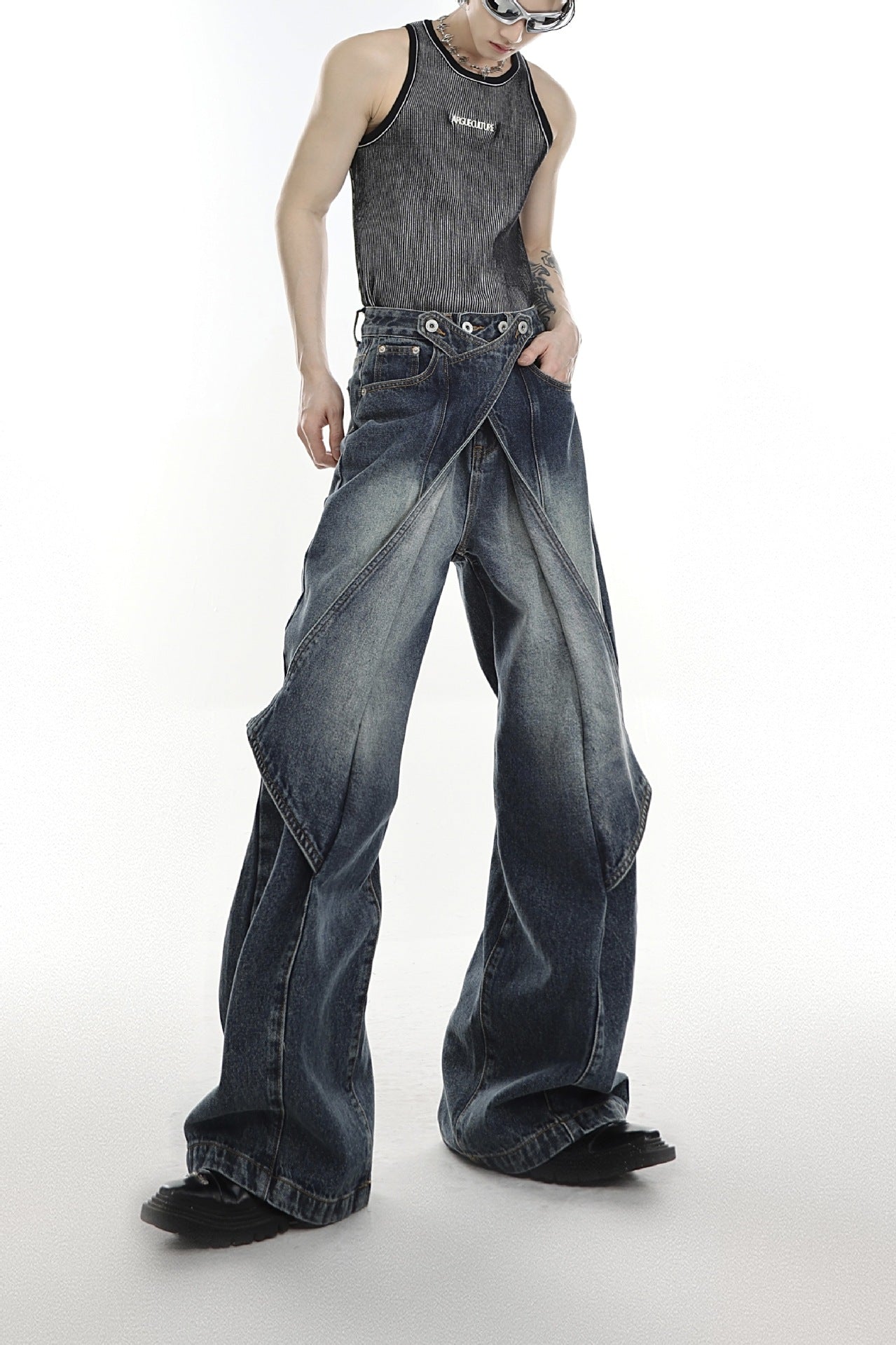 Design niche old washed jeans spring and autumn new high waist loose variable bell-bottom wide leg pants