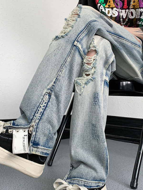 Color inkjet jeans men's summer dark high street handsome old pants washed holes youth casual pants