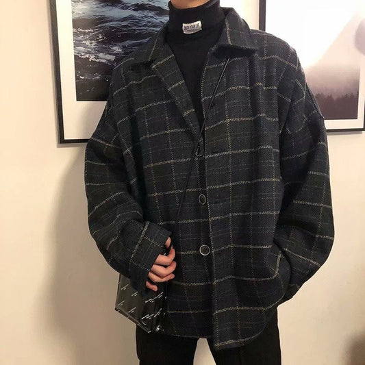 saferido      -shop mens fashion Autumn and Winter Woolen Plaid Jacket Men's Loose Korean Chic Retro Hong Kong Style Trendy Casual All-Matching Top Jacket