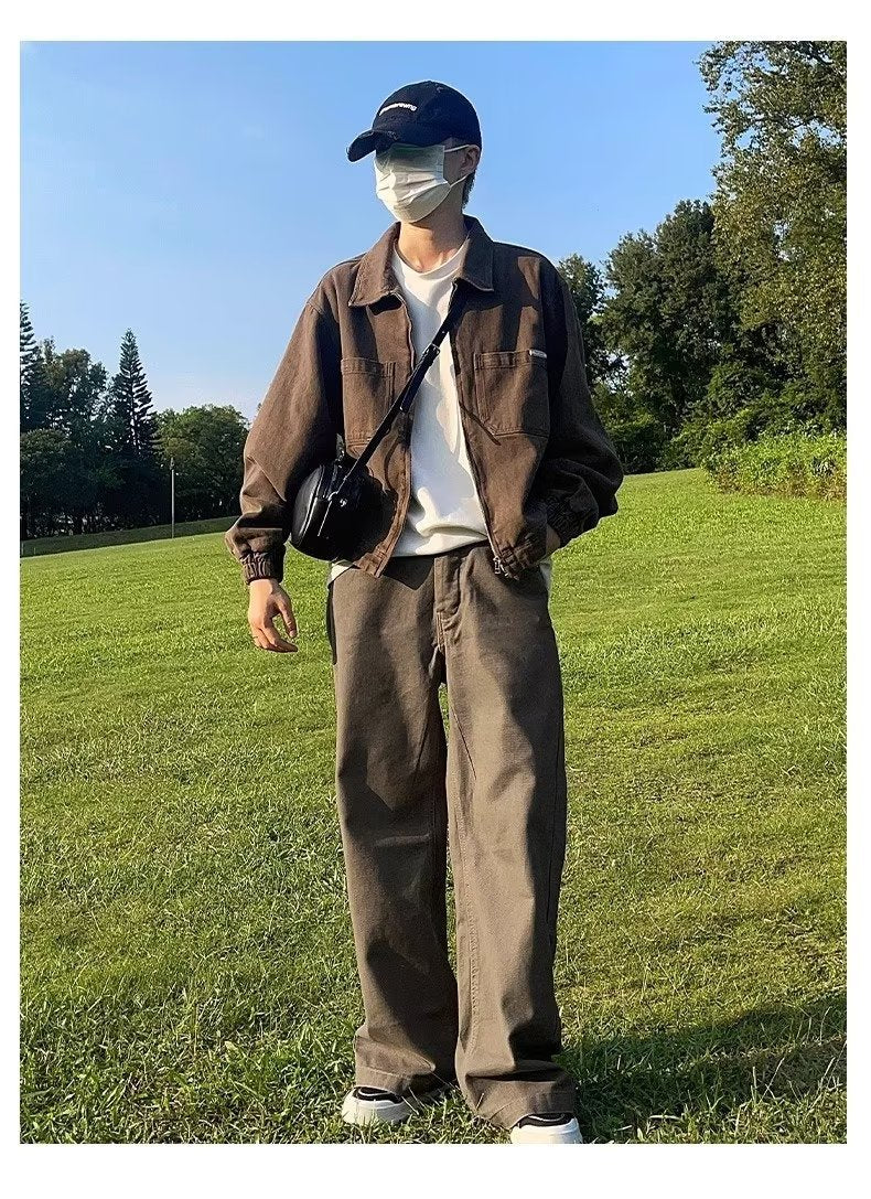 saferido classy outfits men Maillard Jeans Men's American Retro Brown Pants Men's Loose Straight Logging Overalls Long Pants