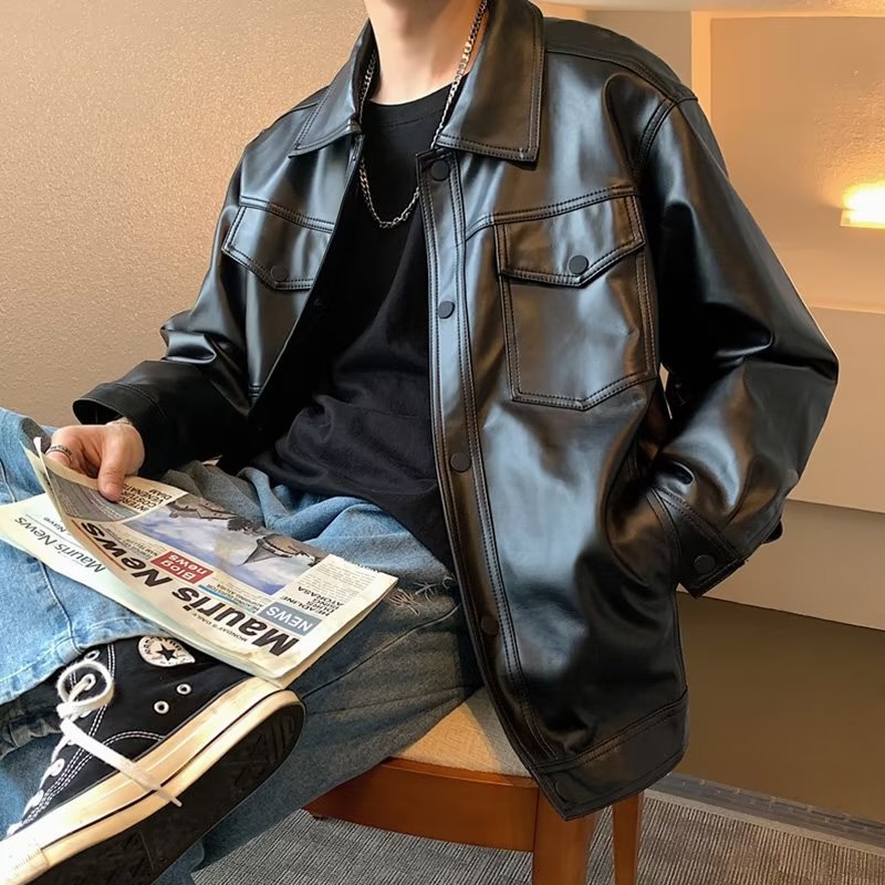 saferido 90s fashion men American Retro Parka Men's Spring and Autumn Commuter Loose Casual Pu Handsome Motorcycle Leather Jacket Short Windproof Jacket