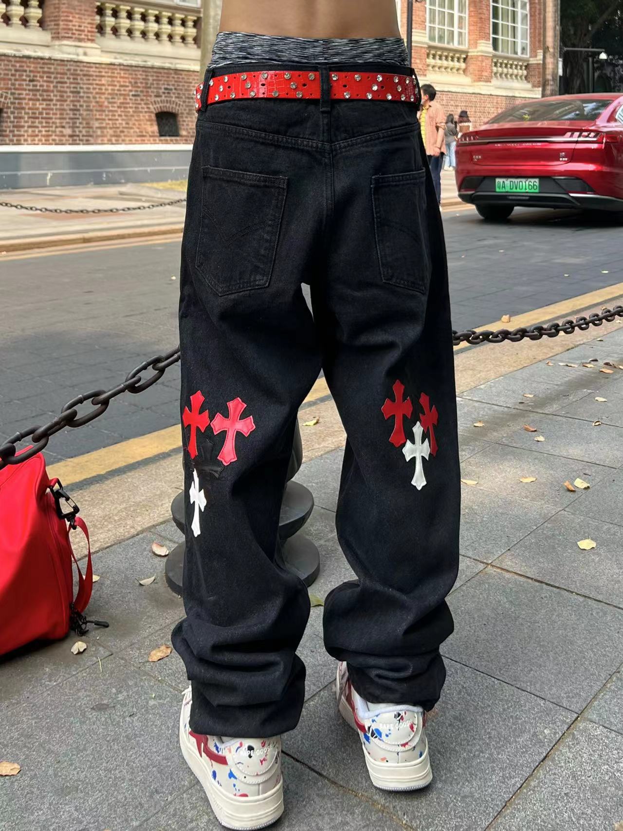 saferido 90s streetwear New Original American High Street Cross Jeans Patch All-Match Slim-Fit Stacked Pants Fashion