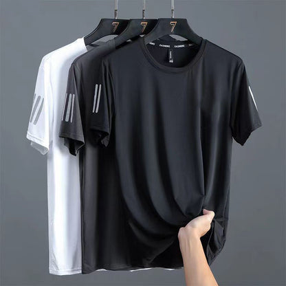 Summer ice silk t-shirt men's round neck quick-drying clothes short sleeves thin breathable half sleeves large size tops men's sports loose trend