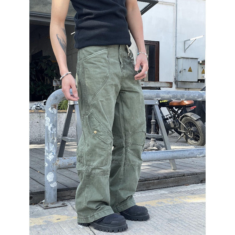 saferido guys clothing styles 2024 American Retro Washed Stitching Straight Workwear Jeans Men's and Women's Draping Loose Casual Pants